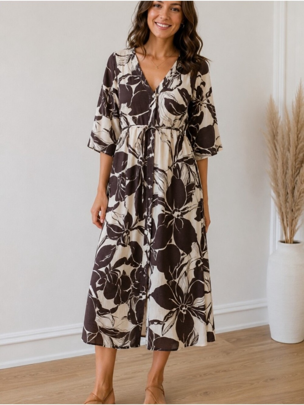 Rachel Zoe Cream and Brown Floral Button-Front Midi Dress NWOT